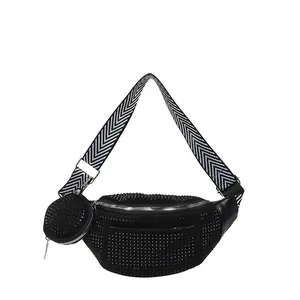 Chic black rhinestone waist bag set with chevron wide strap and small round coin purse