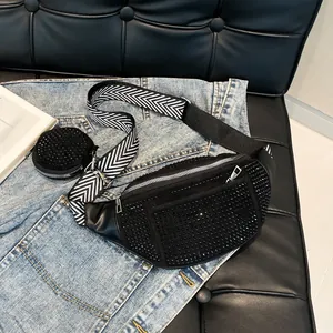 Sac Banane Femme en Strass Mode en Cuir PU Sac de Taille Bling Avec Bandoulière Large et Pochette Ronde Tendance Sac Poitrine