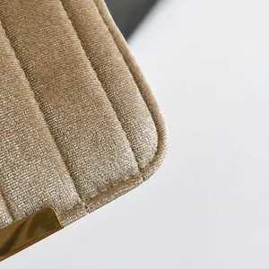 Macro shot of vertical striped velvet fabric and polished gold hardware detail