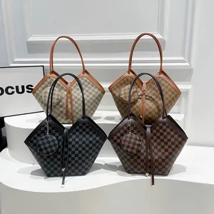 Ensemble Sac Fourre-Tout Damier Femmes Avec Mini Porte-Monnaie Rond Sac à Épaule en Cuir PU Rétro Grande Capacité Sac