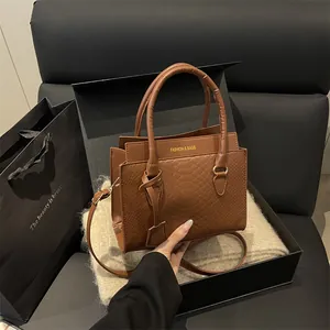 Classic dark brown crocodile embossed shoulder bag with matching gift box and bag
