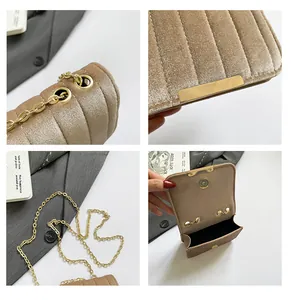 Detailed views of velvet quilted crossbody bag with golden chain and magnetic clasp