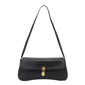 Classic black crocodile pattern underarm baguette bag with elegant golden metal buckle