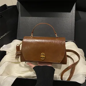 Women Vintage PU Leather Handbag Gold Metal Lock Small Square Crossbody Bag Retro Minimalist Shoulder Bag Lady Commuter Tote