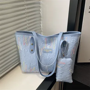 Sac Fourre-Tout Pour Femmes Et Pochette En Cuir PU Grande Capacité Broderie Ondulée Colorée Sac À Épaule Style Décontracté