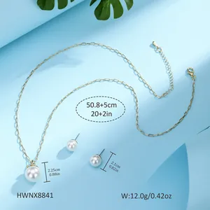 Gold-plated Hawaiian shell pearl necklace and earring set with product dimensions