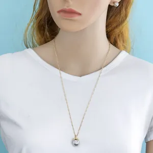 Detail of grey pearl pendant necklace and matching earrings on a female bust model