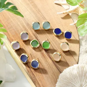 Bohemian Sea Glass Stud Earrings Real Gold Plated Alloy Geometric Square Ocean Stone Earrings For Women Summer Beach Vacation Jewelry