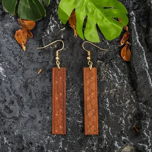 Orecchini Pendenti in Legno Intagliato Etnico Vintage da Donna Gancio Oro Motivo Floreale Geometrico Orecchini Rettangolari