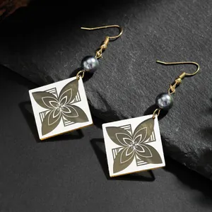 Pendientes Colgantes de Acrílico Cuadrado Vintage Estilo Étnico con Trébol de Cuatro Hojas Floral e Imitación de Perla Artificial para Mujer
