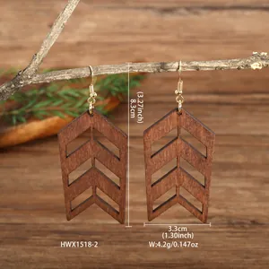 Hollow multi-layer chevron wooden drop earrings on a natural branch with size specs