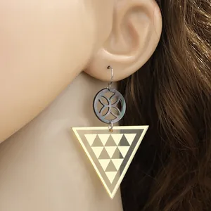 Detailansicht der dreieckigen Acryl-Ohrhänger mit geometrischen Mustern am Modell