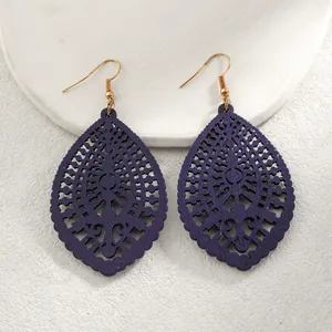 Boucles d'Oreilles Pendantes Bohèmes en Bois Ajouré Goutte d'Eau Bijoux Ethniques Géométriques Femmes Crochet Alliage Violet Foncé