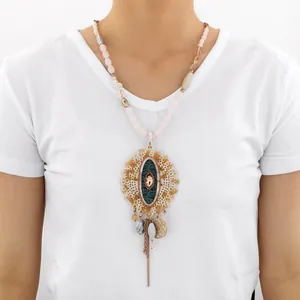 Vintage Bohemian Long Pendant Necklace For Women Alloy Crystal Beads Sweater Chain With Tassels And Hollow Out Carved Design