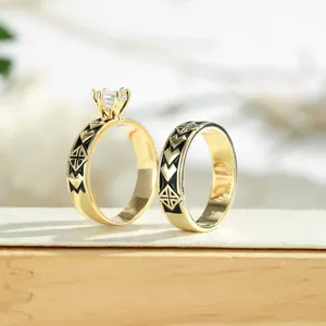 Set di Anelli Vintage Hawaiani in Rame Placcato Oro Con Smalto e Zirconia per Donna Anelli Etnici Impilabili con Motivo Geometrico