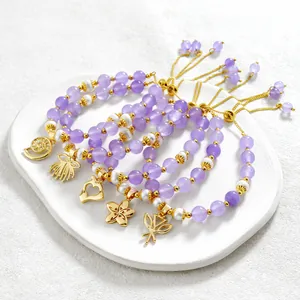 Bracelet en Améthyste et Perles d'Eau Douce Plaqué Or Alliage Pendentif Chaîne Réglable Bijoux Femme