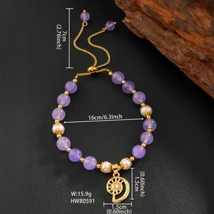 Détails du bracelet améthyste et perles avec spécifications de taille et pendentif soleil