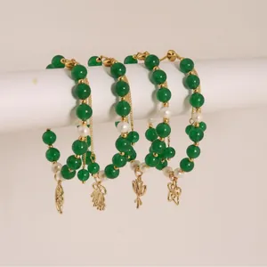 New Chinese Vintage Green Jade Natural Artificial Pearl Beaded Bracelet Gold Plated Leaf Shell Butterfly Pendant Adjustable Bracelet For Women
