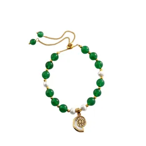 New Chinese retro green jade and natural pearl beaded bracelet with golden snail pendant