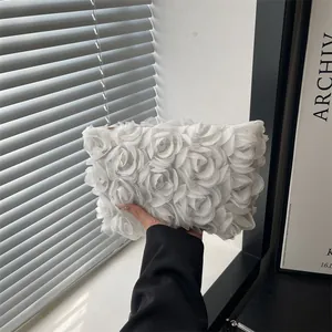 Elegant white 3D flower evening clutch bag with metal chain for wedding and formal party