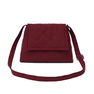 Retro burgundy quilted crossbody bag with large capacity and adjustable strap