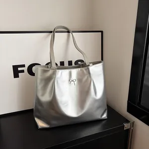 Women's Fashion PU Leather Tote Bag Large Capacity Commuting Shoulder Bag With Bow Decoration Solid Color Modern Handbag