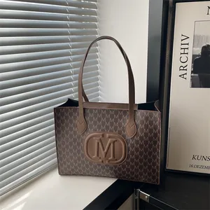 Women Fashion Letter Print Tote Bag PU Leather Monogram Shoulder Bag Large Capacity Top Handle Handbag Urban Casual Commuting