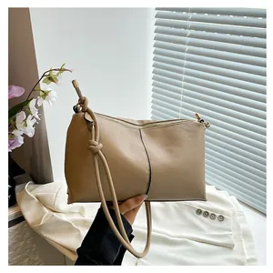 French vintage khaki large capacity shoulder bag with minimalist knot strap detail