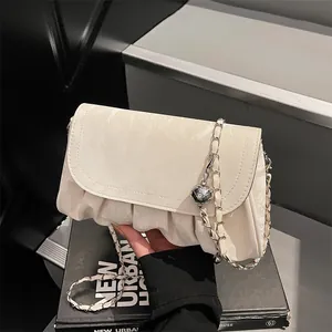 Niche Design Pleated Crossbody Bag For Women Fashion PU Leather Chain Shoulder Bag With Metal Orb Detail Square Handbag