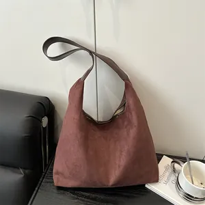 Women Large Capacity Suede Tote Bag Simple Vintage Hobo Shoulder Bag Magnetic Buckle Soft Frosted Leather Handbag Commute