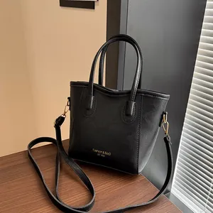 Petit Sac Seau en Cuir PU Vintage pour Femmes Mode Urbain Simple Imprimé de Lettres Sac à Main Avec Bandoulière Réglable