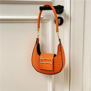 Minimalist bright orange stone pattern PU leather hobo shoulder bag with gold hardware