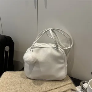 Portable white PU leather toiletry bag with soft fur ball charm and dual handles