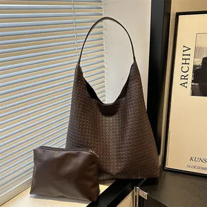 Chic dark brown woven Hobo tote bag and matching inner pouch set for women