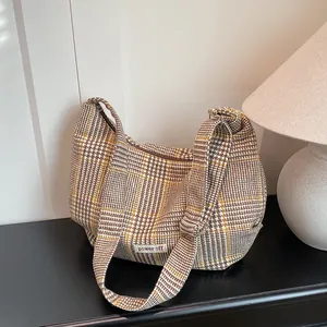 Retro houndstooth tweed half-moon crossbody bag with adjustable strap and large capacity