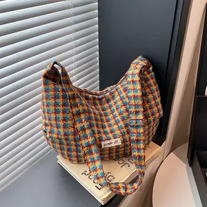 Retro houndstooth tweed crossbody crescent bag with adjustable wide strap and large capacity