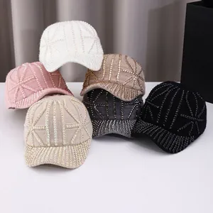 Women's Autumn Winter Warm Knit Acrylic Baseball Cap With Glittering Rhinestone Geometric Radiant Pattern Fashion Adjustable Peak Hat