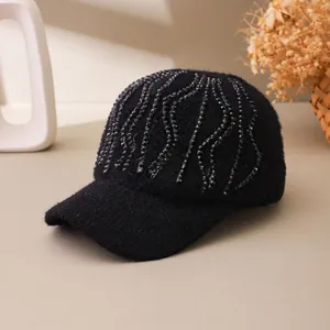 Women's black knitted mohair baseball cap featuring elegant wave-pattern rhinestone accents