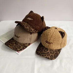 Plush baseball cap with cat ears and leopard print peak featuring new letter embroidery