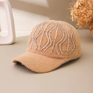 Winter knit baseball cap for women with sparkling rhinestone wave patterns in beige