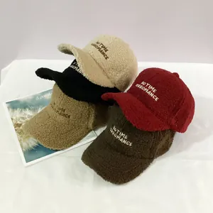 Women Men Lambswool Winter Warm Baseball Cap Letter Embroidery Adjustable Teddy Fleece Snapback Hat Casual Outdoor Wide Brim Hat