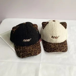 Cute women's plush cat ear baseball cap with leopard print and 'new' embroidery