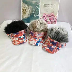 Three-color tie-dye visors featuring black, brown, and grey synthetic wig hair extensions