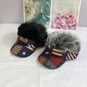 Hip hop baseball cap with American flag pattern and novelty synthetic hair wig attached