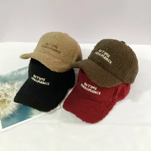 Detailed view of NO TIME FOR ROMANCE embroidery on soft plush lamb wool baseball caps