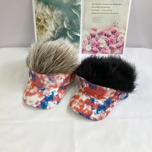 Tie-dye baseball caps with wigs set including brown and black synthetic hair pieces