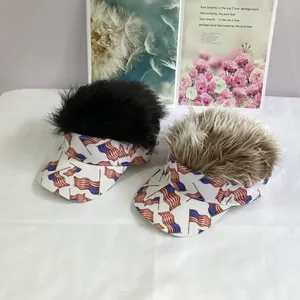 Visera con bandera de EE. UU. y peluca divertida de pelo negro y marrón para fiesta
