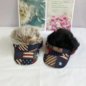 Hip hop baseball cap with synthetic wig hair and American flag pattern for party events