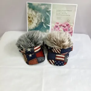 Hip hop baseball caps with novelty wig hair and American flag pattern for Fourth of July party