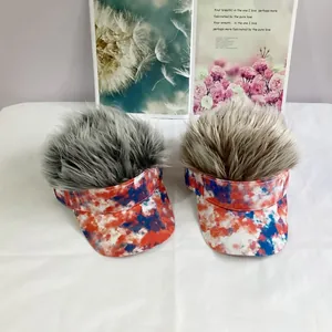 Tie-dye sun visor hats with grey and brown hair wigs for street hip-hop styles